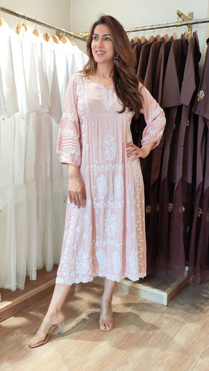 Salmon Peach Hand Embroidered Lucknowi Dress
