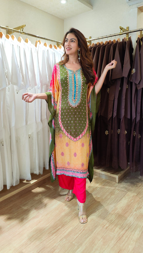 Multicolor Hand Embroidered Kaftan Pant Set