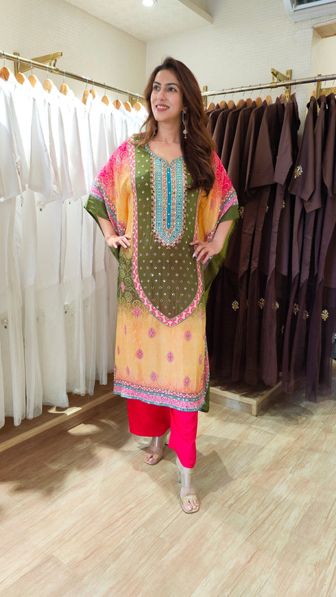 Multicolor Hand Embroidered Kaftan Pant Set