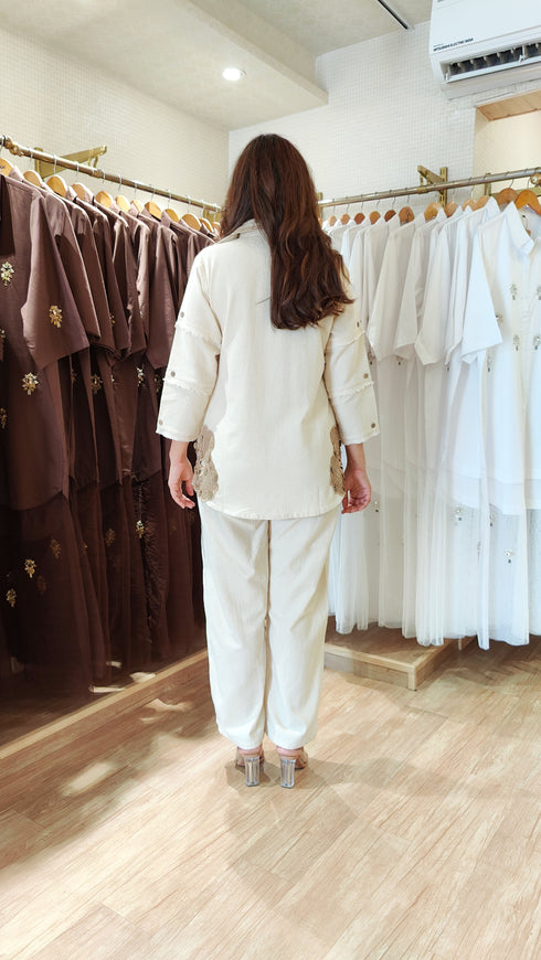 Off White Coord Set with Brown Cutwork and Panel Sleeves