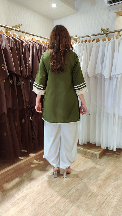 A-Line Khakhi Green Kurta with Drape Pant Set