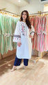 White Kurta Set with Card Embroidery and Blue Pants
