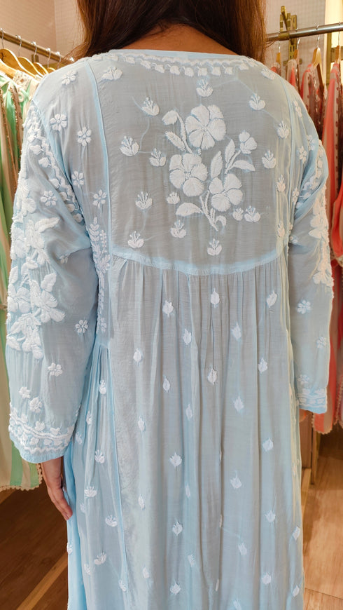 Pastel Blue Embroidered Chikankari Dress with Slip