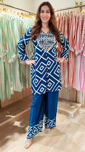 Electric Blue Geometric Kurta Pant Set