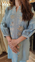 Blue Grey Kurta Set with Fabric Applique & Pearl Hand Embroidery