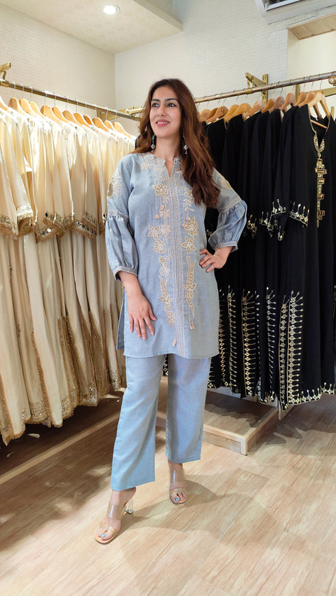 Blue Grey Kurta Set with Fabric Applique & Pearl Hand Embroidery