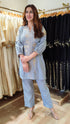 Blue Grey Kurta Set with Fabric Applique & Pearl Hand Embroidery