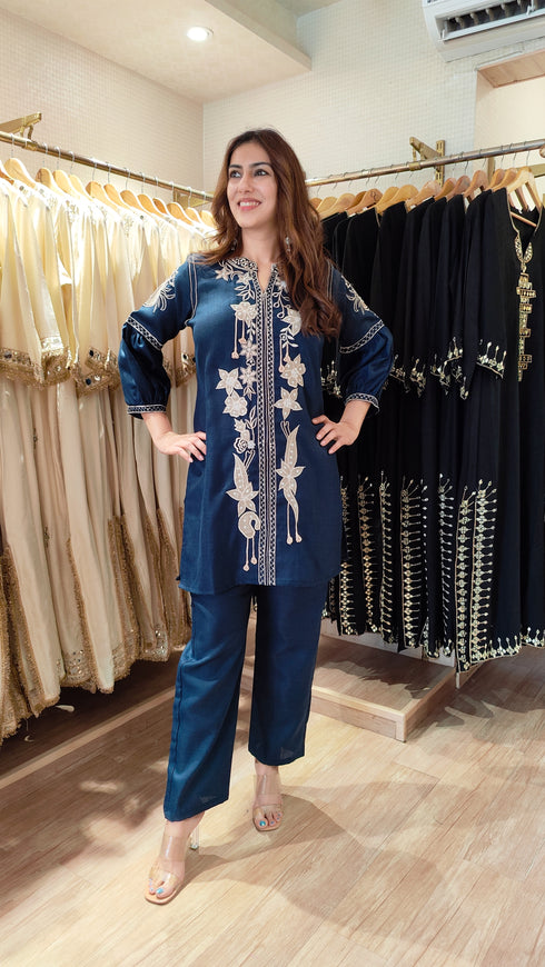 Deep Navy Kurta Set with Fabric Applique & Pearl Hand Embroidery