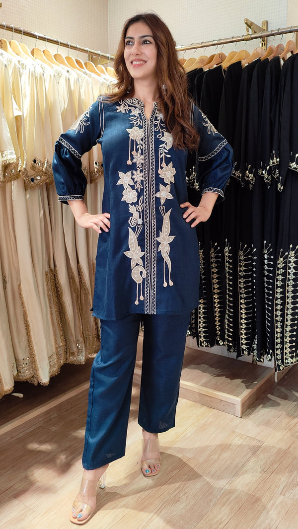 Deep Navy Kurta Set with Fabric Applique & Pearl Hand Embroidery