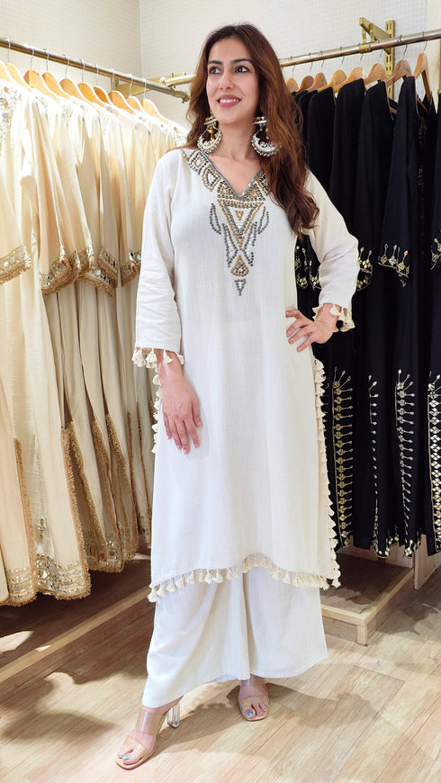 Ivory Metallic Embroidered High-Low Kurta Pant Set with Tassels