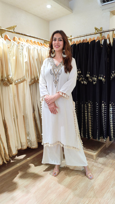 Ivory Metallic Embroidered High-Low Kurta Pant Set with Tassels