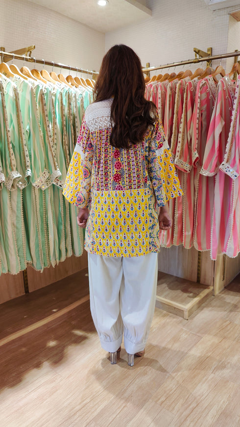 Yellow Jaipuri Mixed Print And Off-White Balloon Pant Set