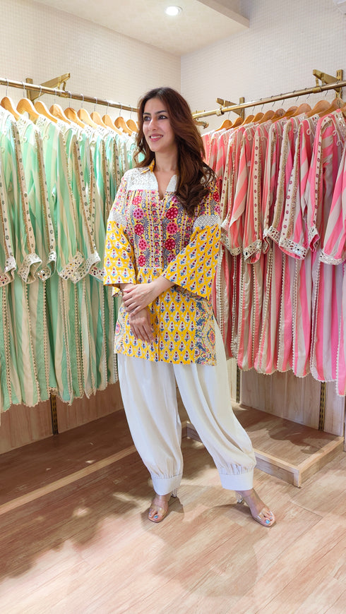 Yellow Jaipuri Mixed Print And Off-White Balloon Pant Set