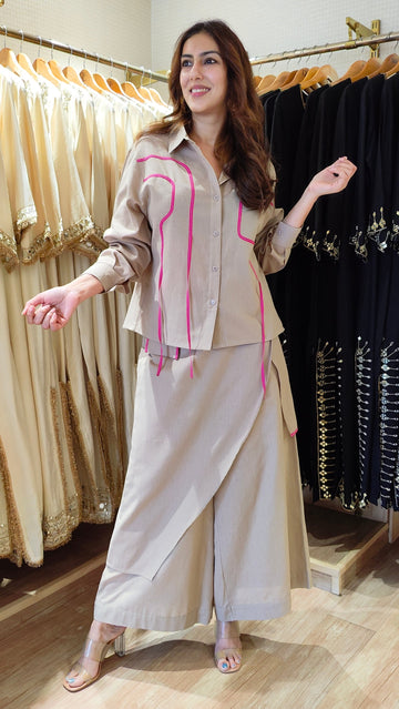Beige Flap Pant Ribbon Coord Set