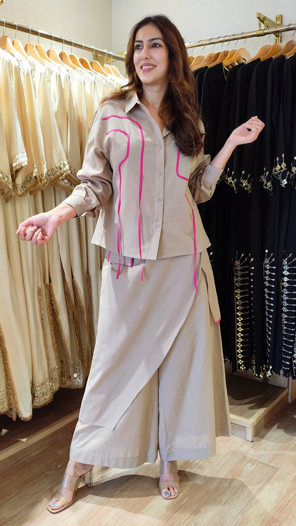 Beige Flap Pant Ribbon Coord Set