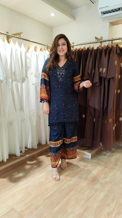 Navy Blue Mirror Work Floral Coord Set