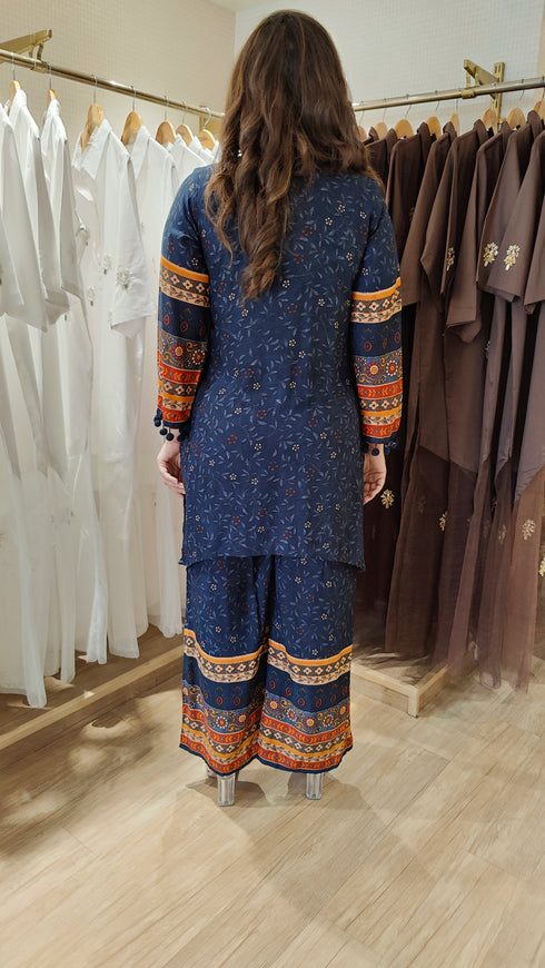 Navy Blue Mirror Work Floral Coord Set