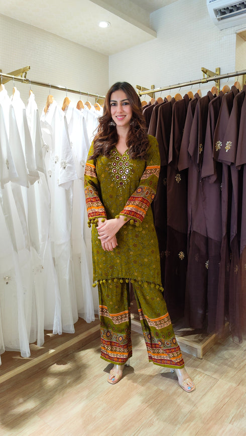 Mehendi Mirror Work Floral Coord Set