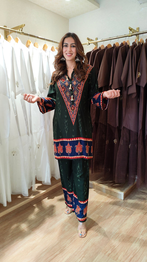 Emerald Green V-Neck Border Coord Set