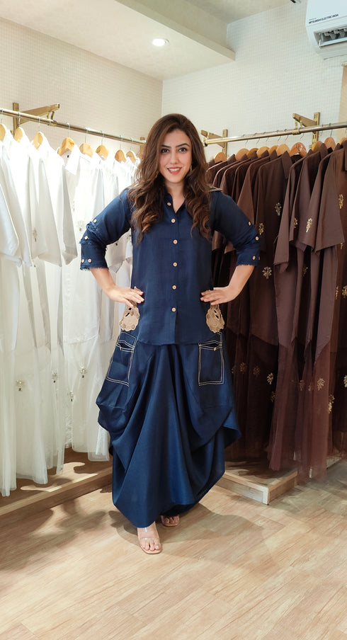 Deep Navy Embroidered Drape Skirt Set