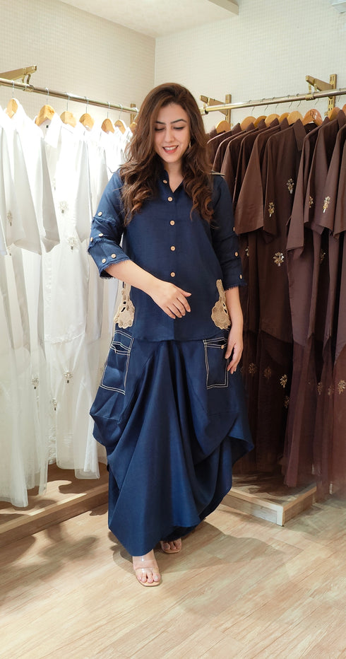 Deep Navy Embroidered Drape Skirt Set