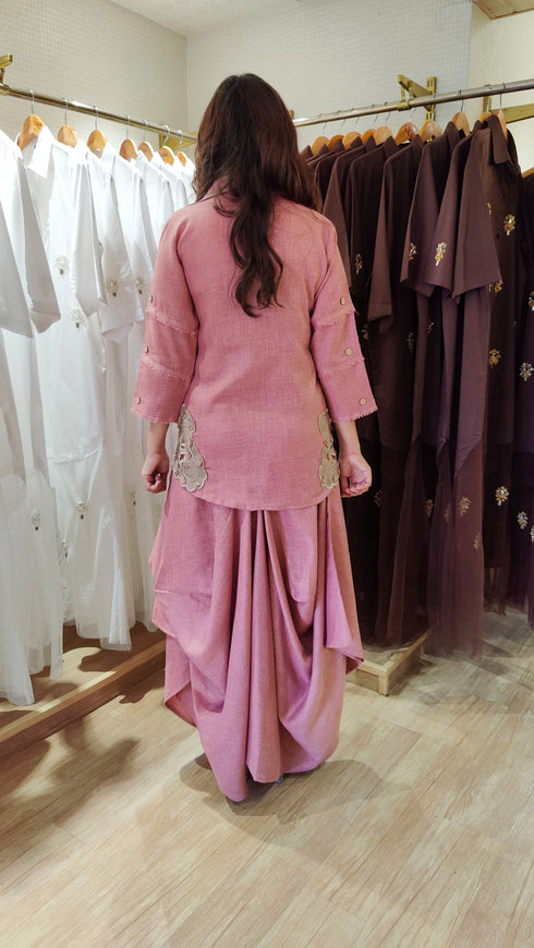 Blush Pink Embroidered Drape Skirt Set