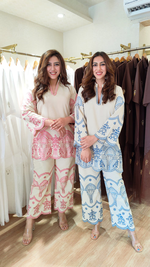 Ivory & Pastel Blue Embroidered Cutwork Coord Set