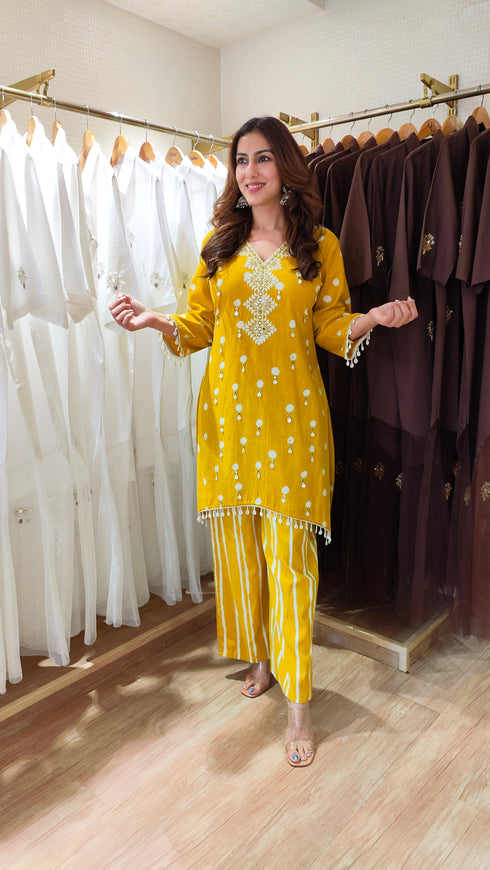 Mustard Yellow Embroidered kurta with Striped Pants