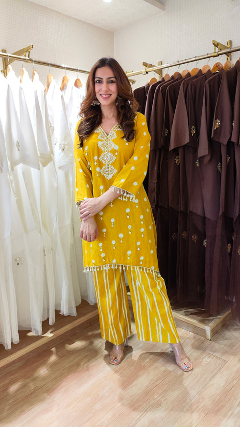 Mustard Yellow Embroidered kurta with Striped Pants