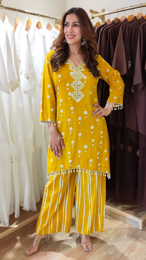 Mustard Yellow Embroidered kurta with Striped Pants
