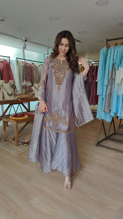 Metallic Purplish Grey 3-Piece Sharara Set