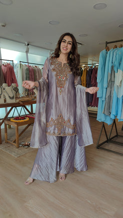 Metallic Purplish Grey 3-Piece Sharara Set