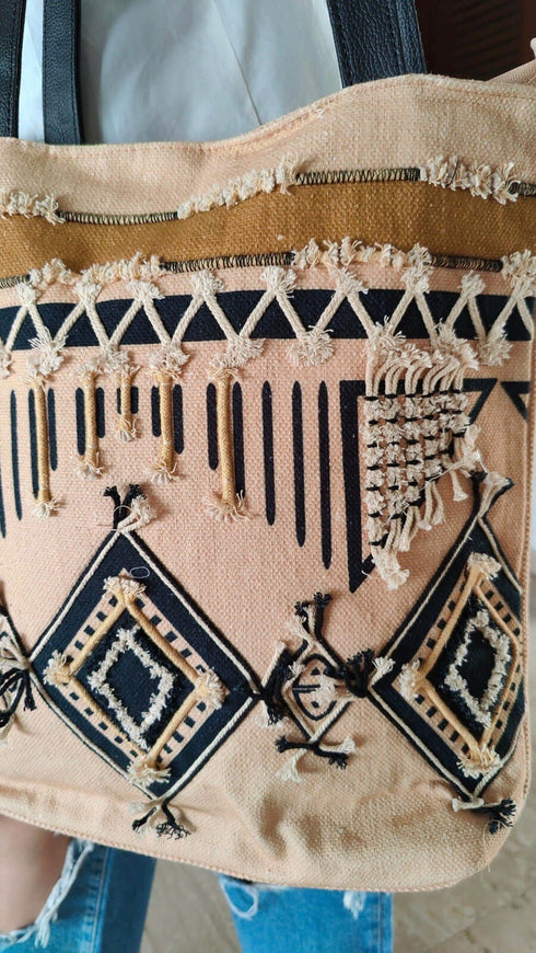 Beige Black Geometric Banjara Handcrafted Embroidery Tote Bag - Banjara Handbag