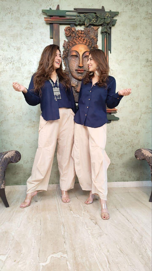 Beige Flared Pants with Not Abla Nari Shirt