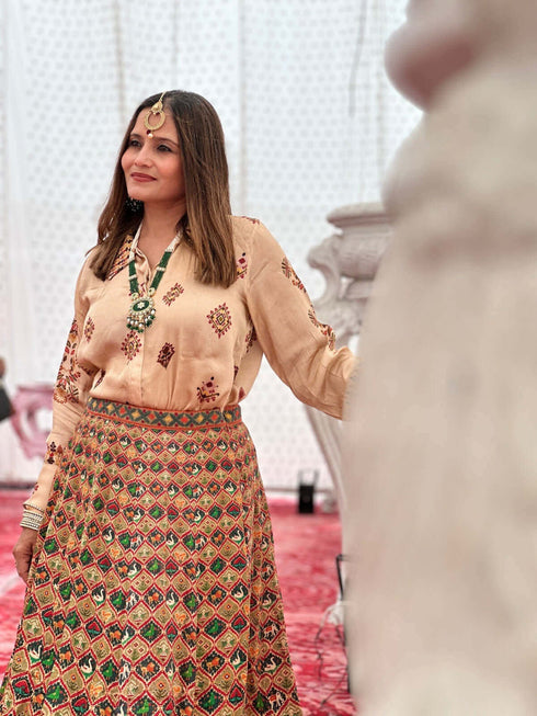 Beige Maroon Shirt Lehenga Set