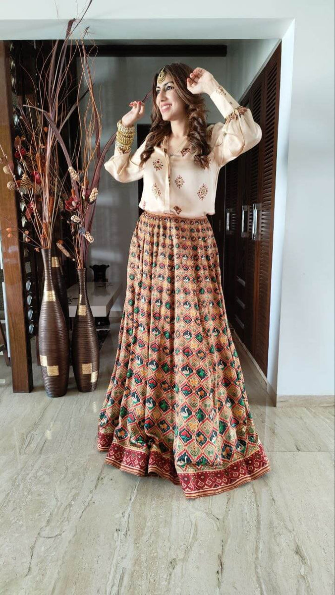 Beige Maroon Shirt Lehenga Set