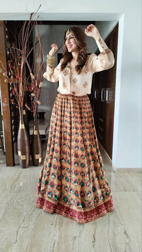 Beige Maroon Shirt Lehenga Set