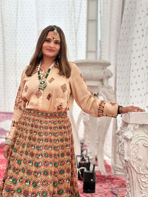 Beige Maroon Shirt Lehenga Set