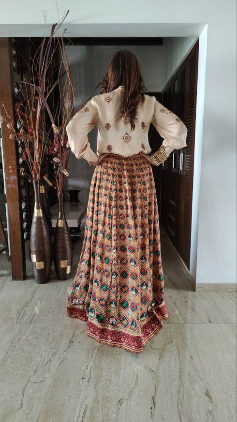 Beige Maroon Shirt Lehenga Set