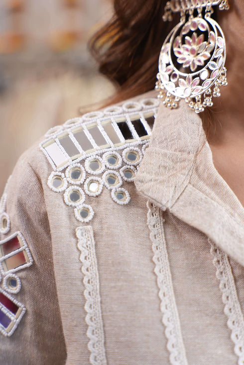 Beige Mirror Work Coord Set