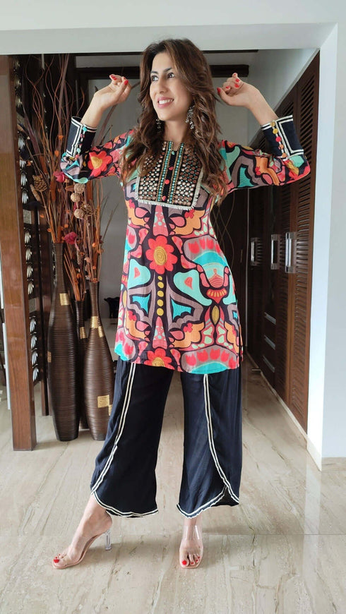 Black Floral Dhoti Set