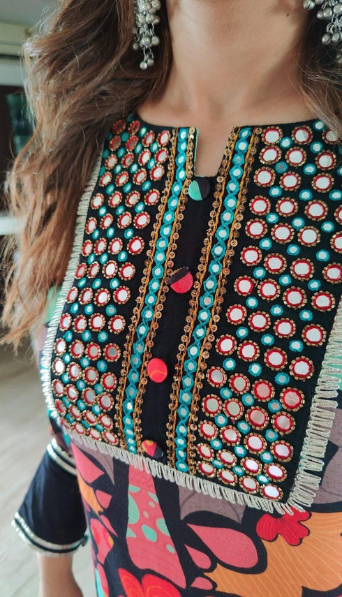 Black Floral Dhoti Set