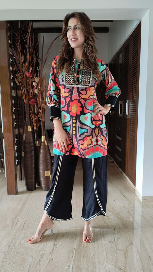 Black Floral Dhoti Set