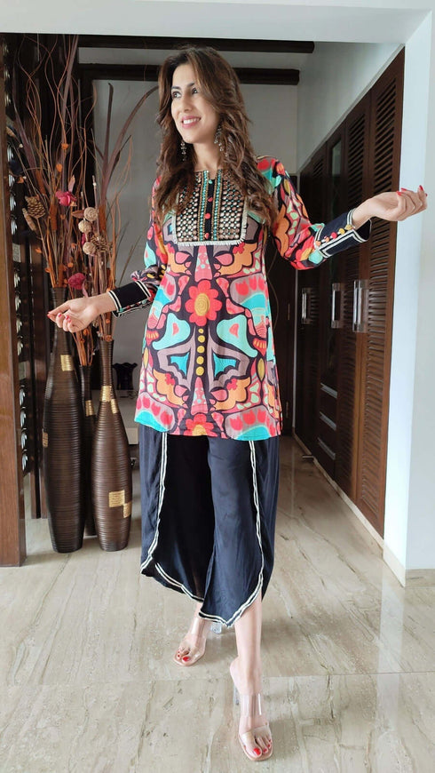 Black Floral Dhoti Set