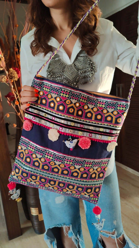 Black Pom Pom Bird Banjara Handcrafted Embroidery Tote Bag