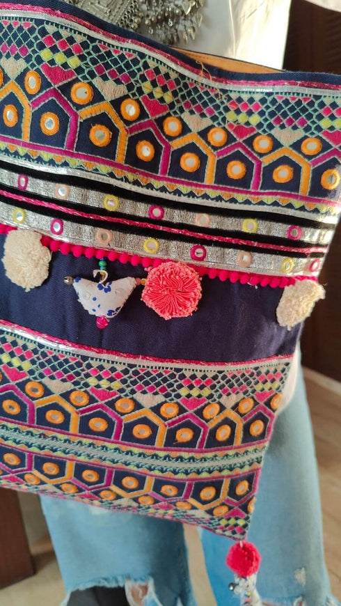Black Pom Pom Bird Banjara Handcrafted Embroidery Tote Bag