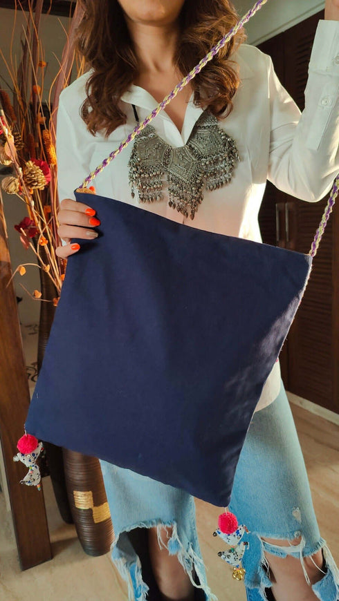 Black Pom Pom Bird Banjara Handcrafted Embroidery Tote Bag