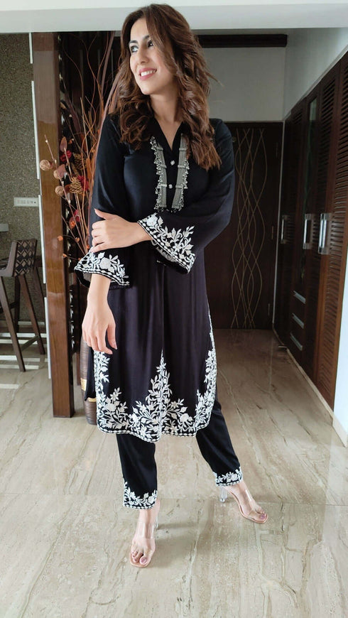 Black White Embroidery Coord Set - Two Piece