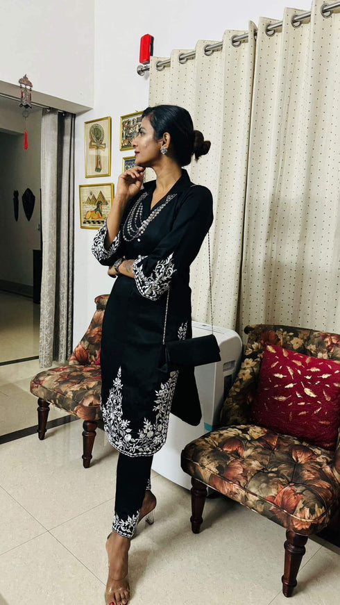 Black White Embroidery Coord Set - Two Piece