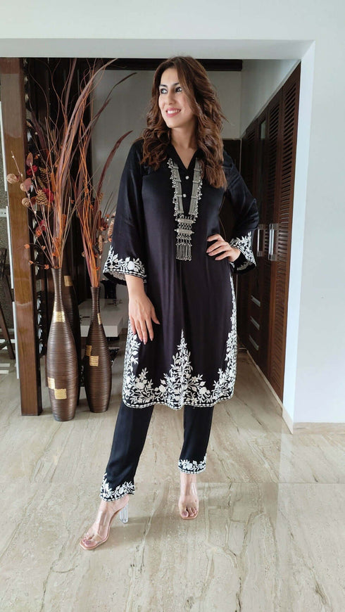 Black White Embroidery Coord Set - Two Piece